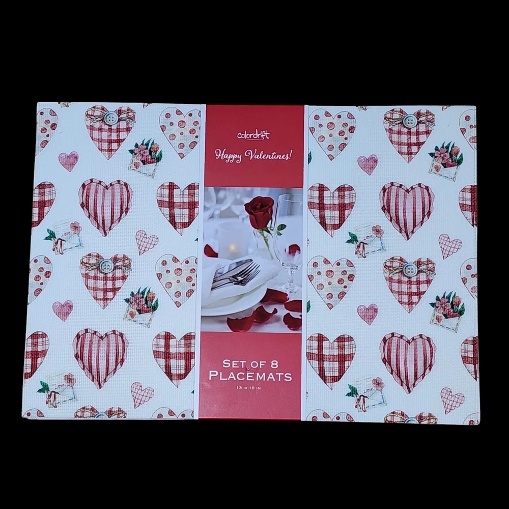 Colordrift White Red Pink Hearts Decorative Placemats Set 8pc Table Mats 13x18in